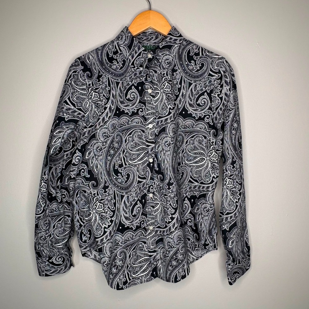 Lauren Ralph Lauren Womens L Paisley Button Down Shirt Non Iron Black White